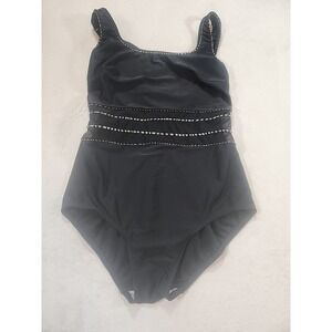 Christina One-piece‎ Swimsuit Size 14W Black w/tan Stitching Sheer Cutout